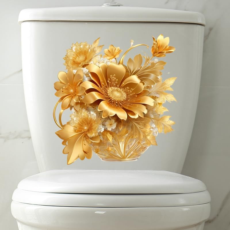 Golden Flowers Toilet Cover Sticker Decals,Fish Bird Flower Leaf Waterproof Toilet Lid Tank Seat Decals Cistern Self-Adhesive Bathroom Wall Sticker, White