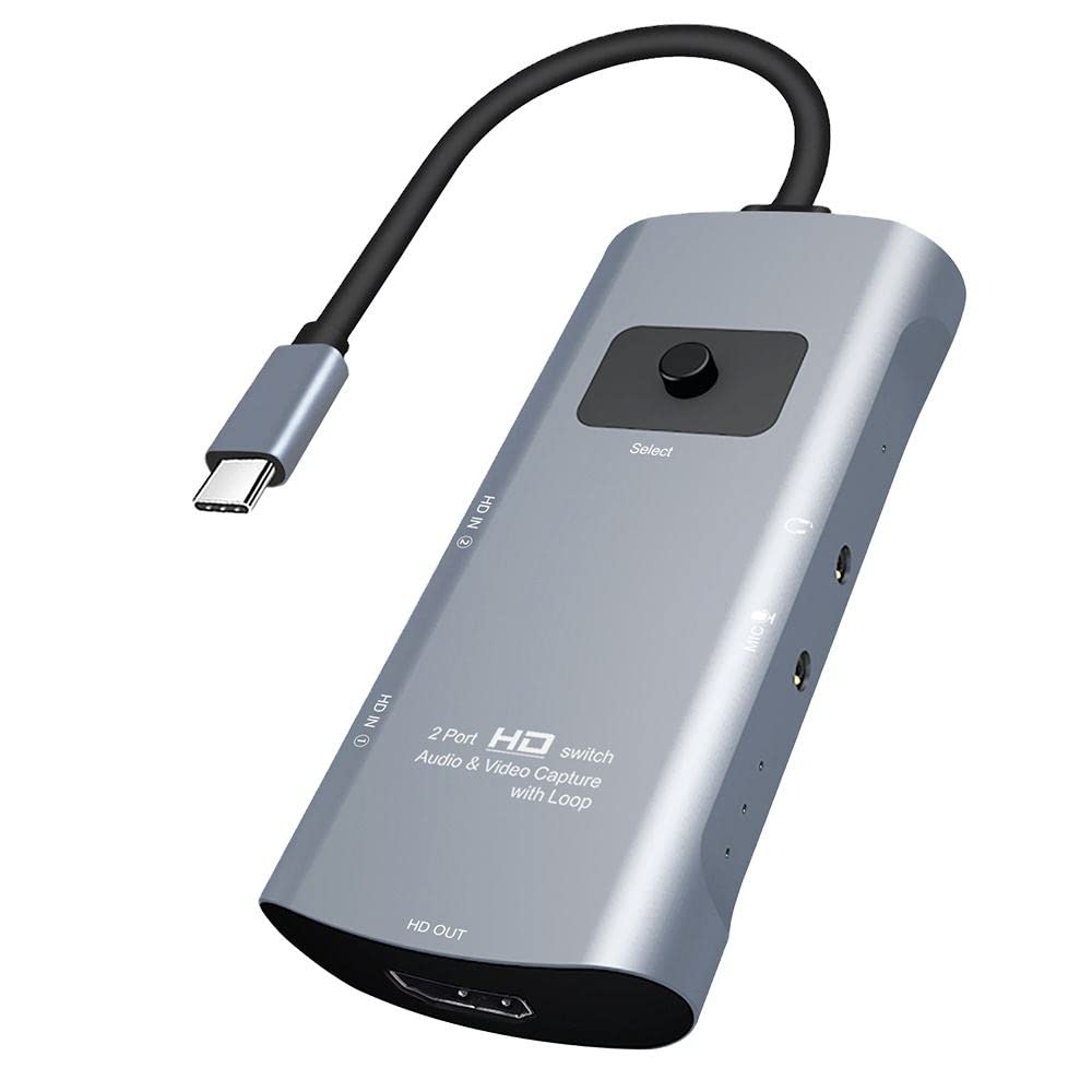 Microware HD Audio & Video Capture Switcher with Loop, HD Output + 2 x HD Input + Mic + Audio to Type-C Video Capture Switcher with Loop 1080 inch Blu-ray Player