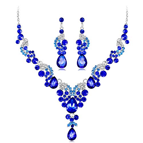 Wedity mariée mariage cristal collier boucles d'oreilles ensemble floral colliers ras du cou bijoux en forme de larme pour femmes et filles (bleu)