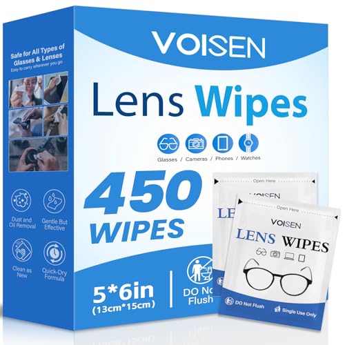 Image of VOISEN Lens Wipes for Eyeglasses,450 Pack Eye Glasses Cleaner Wipes | Pre-Moistened Individually Wrapped Lens Wipes,Non-Scratching Non-Streaking,Safe for Eyeglasses, Goggles, Camera Lens, Phone