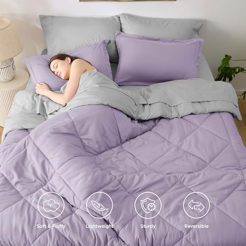 Image of Bedsure Full Size Comforter Set - 7 Pieces Reversible Light Purple Bedding, Full Size Bed Set for All Seasons, Bed in a Bag with Down Alternative Comforter, Sheets, Pillowcases & Shams