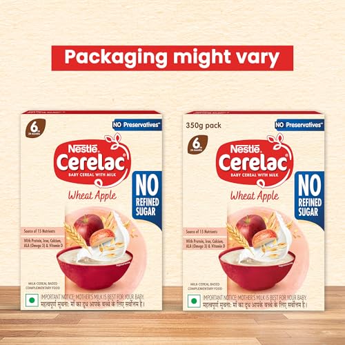 Image of CERELAC Baby Food Cereal | No Refined Sugar | No Preservatives | Wheat Apple for 6 to 24 Months Baby | With Omega 3 Iron Protein Calcium Vitamin D | Instant Cereal | 360g, Bag-in-box pack