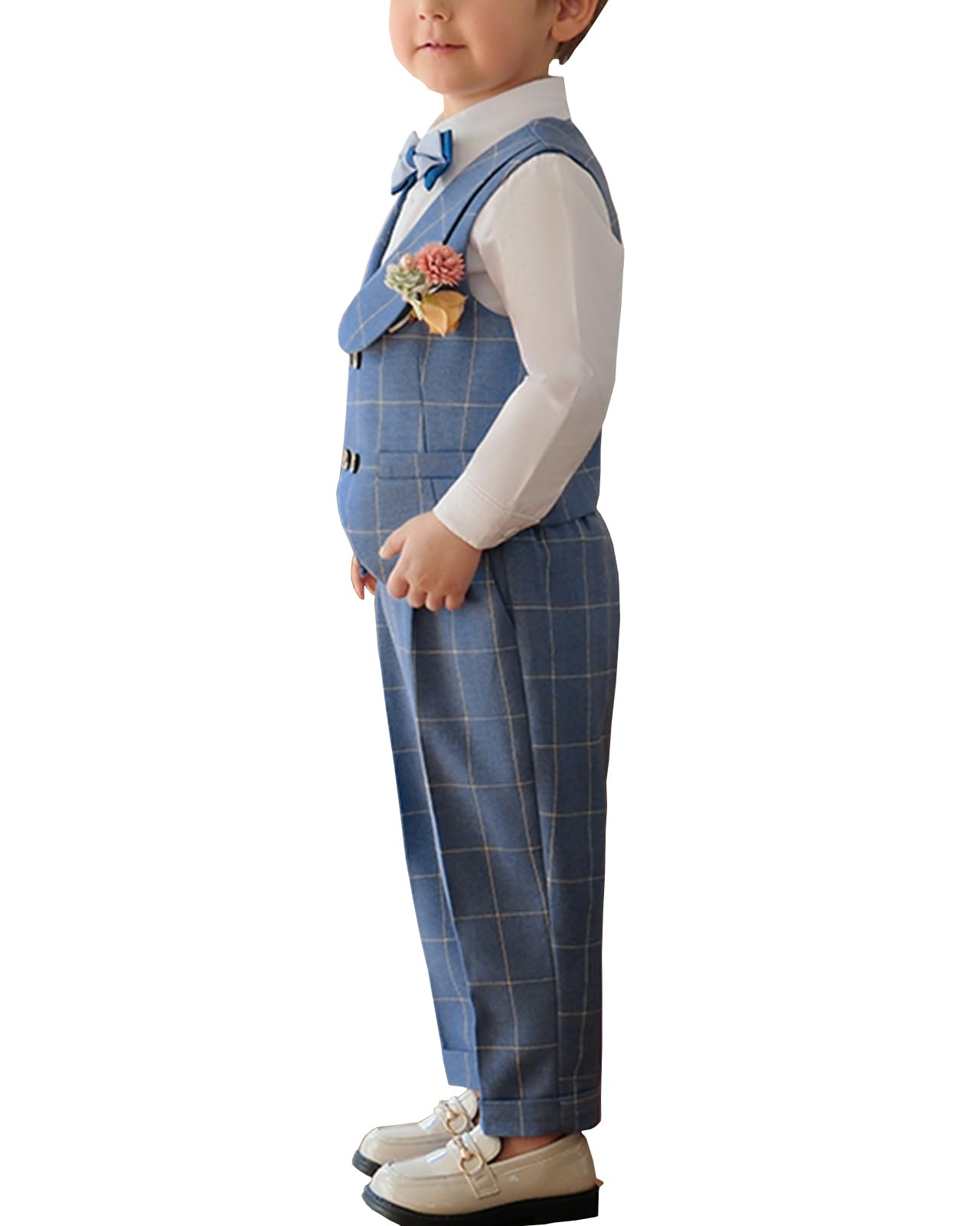 Traje de Caballero para Bebés Niños Conjunto de Ceremonia Niño Set de Camisa + Pantalón/Pantalones Cortos + Chaleco + Pajarita + Broche de Flore 5 Piezas