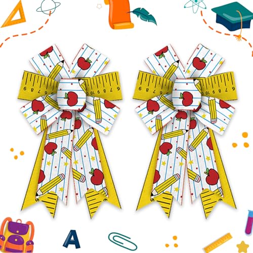 Estivaux 2 Pieces Back to School Bows for Wreath, Preschool Wreath Bows White Yellow Burlap Bow Pencil Apples Craft Bows for Front Door Kindergarten Classroom Decorations Supplies