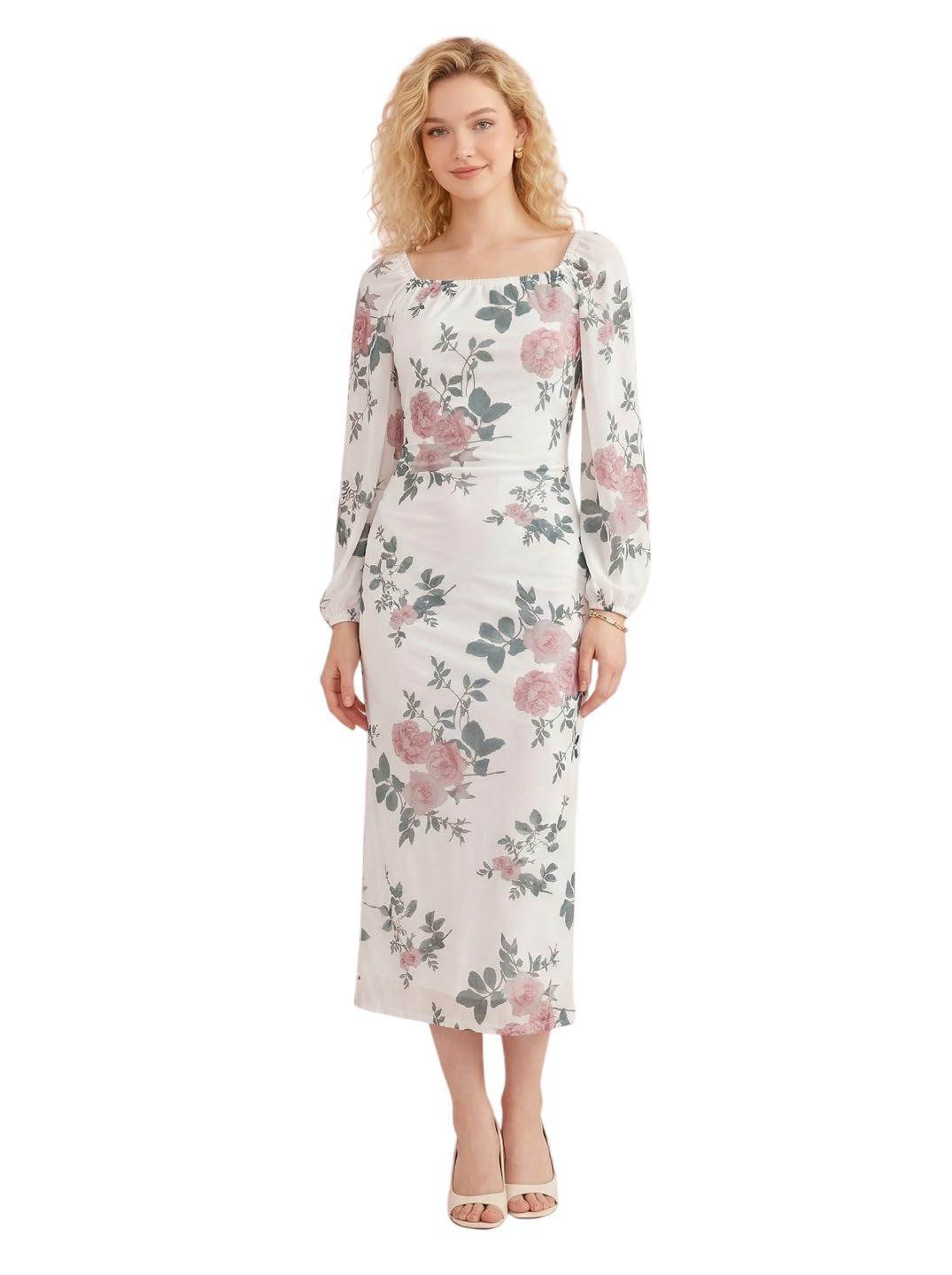 White & Pink Floral Digital Printed Square Neck Full Sleeve Bodycon Midi Dress-picture-27