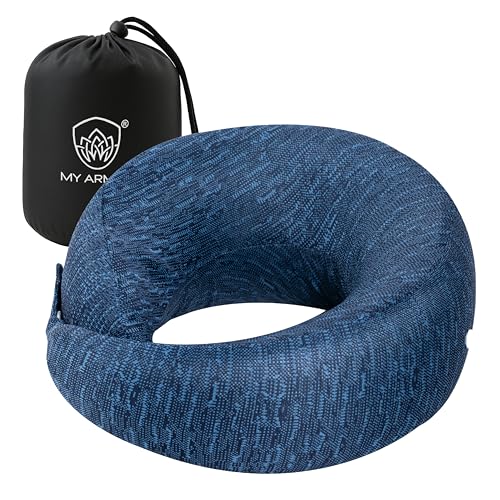 MY ARMOR Memory Foam Travel Neck Pillow for Flights, Car, Train, Variable Height Adjustment to Suit All Sleeping Positions, Breathable & Washable Cover, Blue