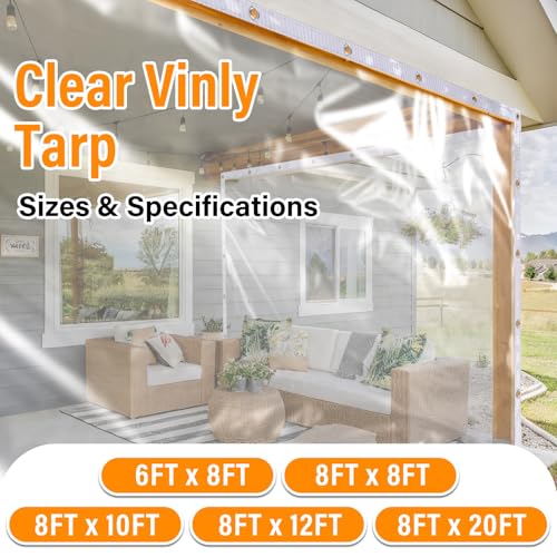 Image of Clear Tarps Heavy Duty Waterproof 8x8 FT Plastic Tarps with Grommets,Clear Vinyl Tarp for Covering Patio Porch Canopy Plant Cover,Outdoor Waterproof PVC Cover,Resistant UV,Resistant Vinyl Tarpaulin