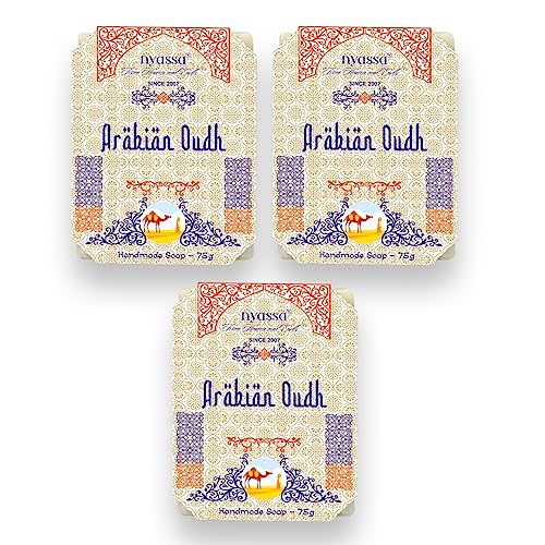 Image of Nyassa Premium Arabian Oud Handmade Natural Bathing Soap | Buy 2 get 1 Free | Shea Butter, Organic Sweet Almond Oil |Musky Fragrance | Moisturizer | All Skin Type 75gm Each