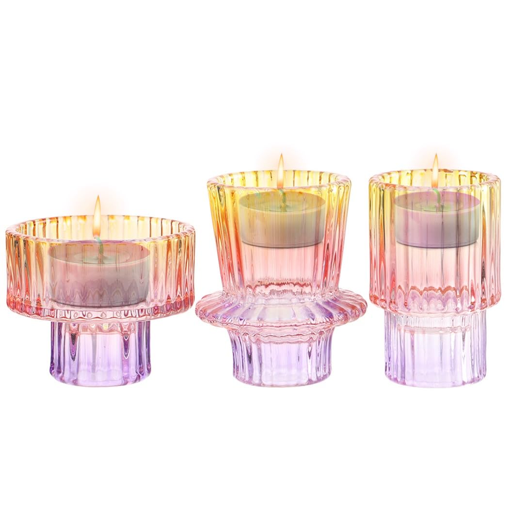 Kerzenhalter aus Glas, 3-teiliges buntes Kerzenständer-Set aus Glas