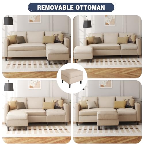 Image of Shintenchi L Shaped Sectional Sofa Couch,Convertible Modular Sofas with Movable Ottoman,3-Seat Upholstered Corduroy Couch,Small Couches for Living Room,Apartment,Office(Beige)