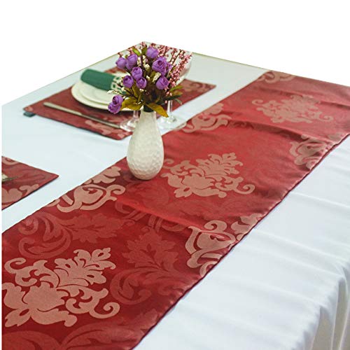 Kuai テーブルランナー 200cm 撥水 ポリエステル ダマスクレッド