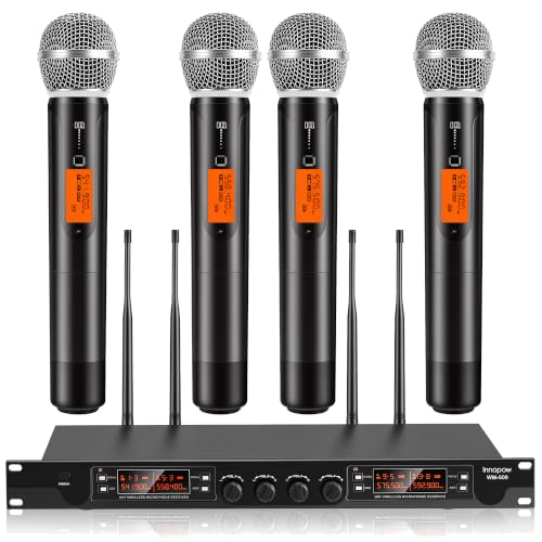 Image of innopow 4 Channel Wireless Microphones System, Quad UHF Cordless Mic Set,4 * 40 Groups Metal Handheld Dynamic, Auto Scan, Long Range 200-300Ft,16 Hours Use for Church,Singing Bands (WM500)