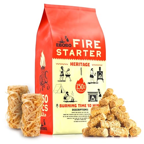 150 pcs Natural Fire Starters for Fireplace, Wood Stove, Charcoal Grill, BBQ, Fire Pit & Smoker – Wood Wool & Wax Rolls – Easy to Light, No Prep, No Mess