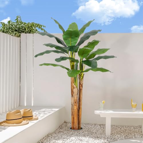 GarveeHome Artificial Banana Tree, 6FT Faux Banana Tree with Grey Planter, Artificial Plants with 21 Faux Banana Leaves Plant for Home Office Decor