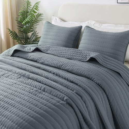 ROARINGWILD Blue King Size Quilt Bedding Sets with 2 Pillow Shams, Lightweight Soft Bedspread Coverlet, Quilted Blanket Thin Comforter Bed Cover for All Season, 3 Pieces, 104x90 inches