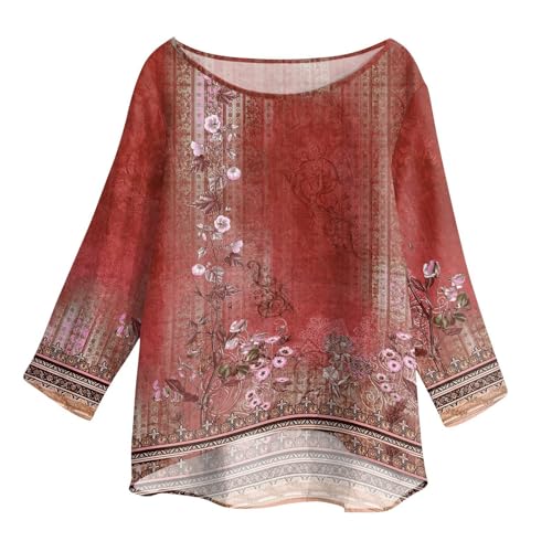 Fall T Shirts Women Loose Fit Linen 3/4 Sleeve Boat Neck Tops Dressy Casual Blouses Floral Print Elbow Sleeve Tops4