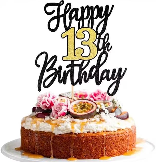 Miniatura 8 de 1 pieza de decoración de pastel de feliz cumpleaños 13, decoración de pastel de cumpleaños 13, decoración de pastel de brillo negro y dorado,