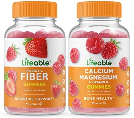 Lifeable Prebiotic Fiber 5g + Calcium Magnesium, Gummies Bundle - Great Tasting, Vitamin Supplement, Gluten Free, GMO Free, Chewable Gummy