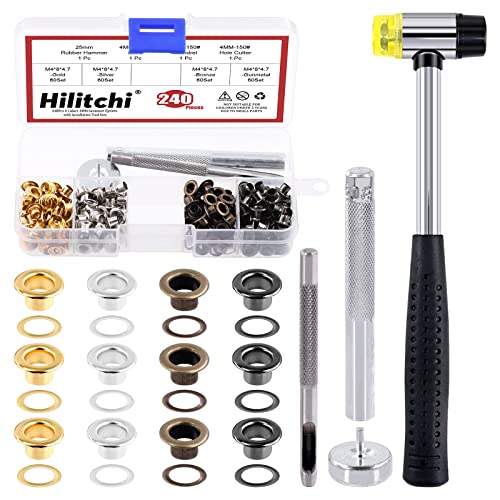 Hilitchi 484Pcs 3/20 Inch - 4mm 4 Colors Thicken Grommet Eyelets Metal Eyelets with Washers and Install Setting Tools Assortment Kit, Hole Self Backing Eyelet for Bead Cores, Clothes, Leather, Canvas