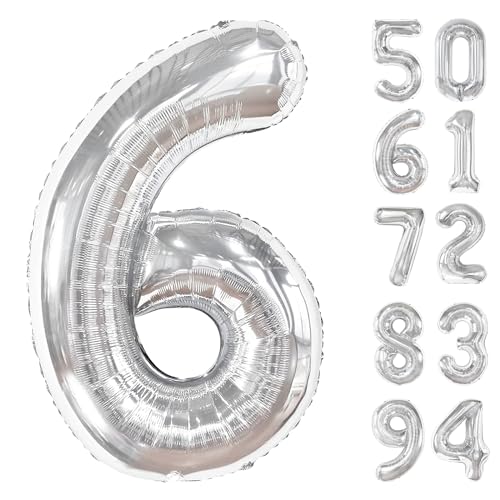 Image of Silver 6 Balloon, Number Balloons 40 Inch, 6th Balloons for Birthday Decorations, Silver Party Supplies 6 Birthday Balloon, Number 6 Balloon