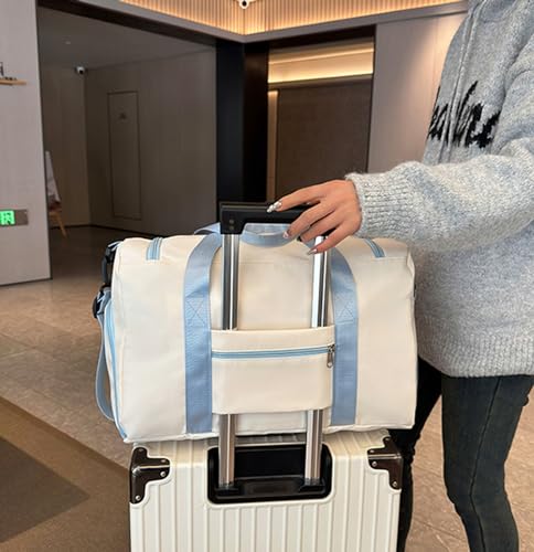 Foldable Travel Carry On Duffel Bags for Women Weekender Overnight Bag with Shoes Compartment Waterproof Gym Bag (White and light blue), CM2405244