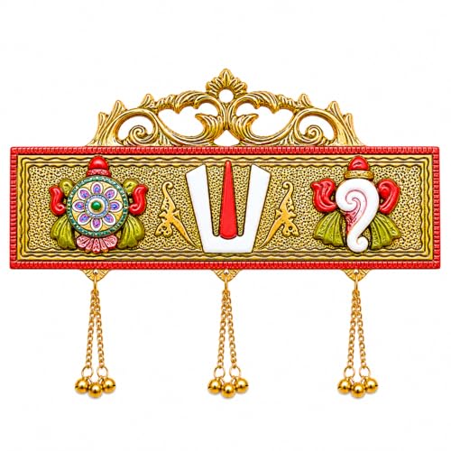 Image of Salvus APP SOLUTIONS Antique Decor: Tirupati Door /Wall Hanging with Shankh Chakra Namah & Metal Latkan - Elegant Home, Room, and Showpiece Figurines for Religious Housewarming Celebration