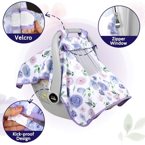 Image of Baby Carseat Seat Cover Girls, Winter Carseat Canopy, Cozy & Warm Cover with Zipper Peep Windows, Infant Minky Carrier Cover, Soft Breathable, Baby Must Have, Purple Romantic