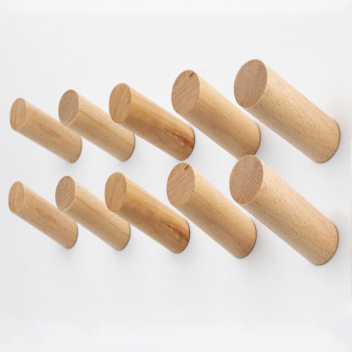 evory Paquete de 10 ganchos de pared de madera, ganchos de madera rústica para colgar abrigos de pared, ganchos adhesivos para sombreros sin daños