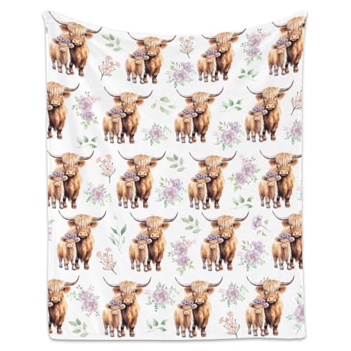 Highland Cow Blanket for Girls, Cozy Soft Throw Gifts, Cute White Flannel Throw Blankets for Couch Office, 40x50 Inches