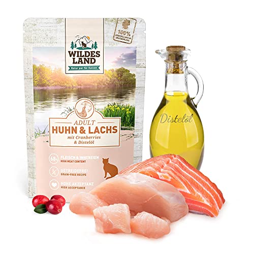 Wildes Land Nassfutter für Katzen, Huhn und Lachs, 12 x 100 g