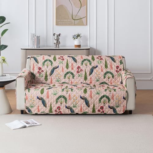 Image of House of Quirk 'Mughal Series' Anti-Slip Sofa Cover Mat with Pocket | Polyester Couch Protector for Pets, Kids & Spills (Royal Peacock, 180x210cm, Four Seater)