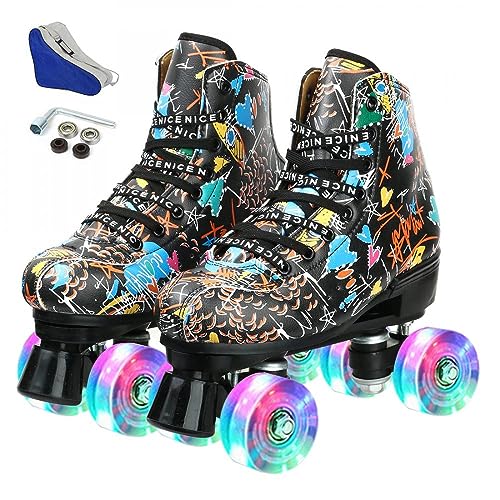 XUDREZ Roller Skates Classic High-top for Adult Outdoor Skating Light-Up Four-Wheel Roller Skates Shiny Roller Skates for Women and Men (Black flash wheel,41)