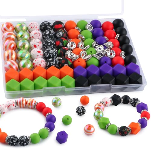 Kovict 100PCS Mix Multicolor Halloween Print Silicone Beads Hexagon Acrylic 15mm Silicone Beads for Keychain Making 10mm Rondelle Rhinestone Spacer for Bracelet Necklace DIY Crafts