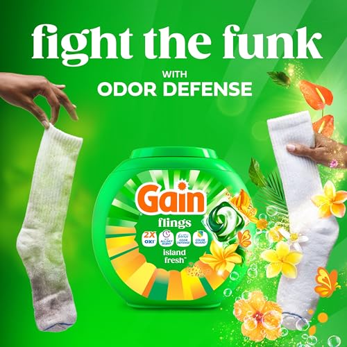 Image of Gain Flings Liquid Washing Detergent Pacs with Odor Defense + Color Guard, Island Fresh Scent, 4-In-1 Liquid Laundry Detergent Pods, Clean & Fresh, 60 Count (Packaging May Vary)