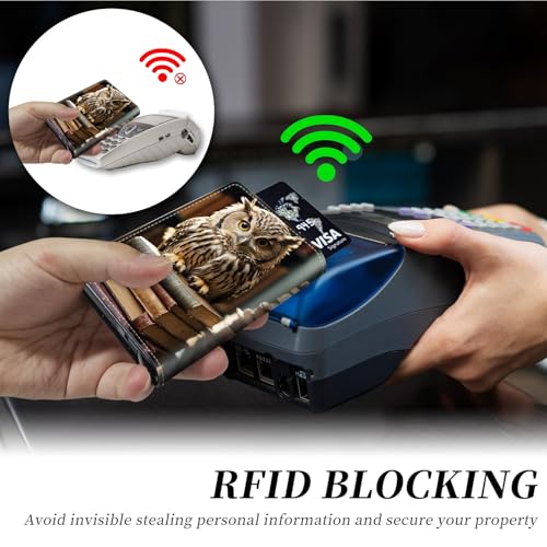 Credit Card Holder Aluminum Auto Pop Up Wallet, Slim Minimalist Credit Card Holder For Men and Women, Leather Card Case Front Pocket Trifold Wallet RFID Blocking Wallets,Owl with Books3