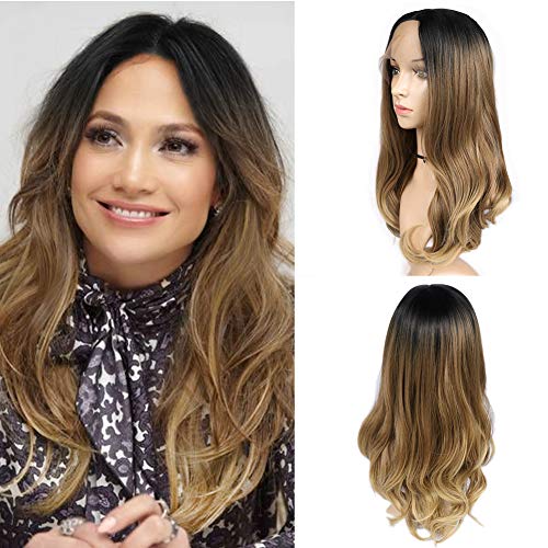 HANNE Lace Front Ombre Brown Wavy Synthetic Wigs For Black Women Middle Part Swiss Lace Natural Wave Heat Resistant Glueless Synthetic Hair Wigs (Middle Part 1B/30/27)