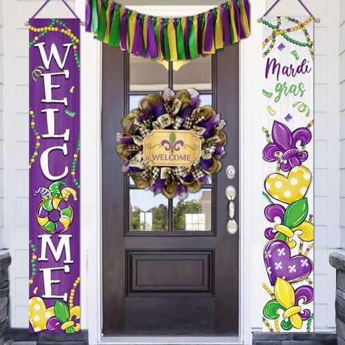 Bolisom Welcome Mardi Gras Purple Porch Banner Sign, Fleur De Lis Love Heart New Orleans Carnival Front Door Decorative Hanging Banner Flag, Beads Masquerade Party Decoration Home Outdoor Decor