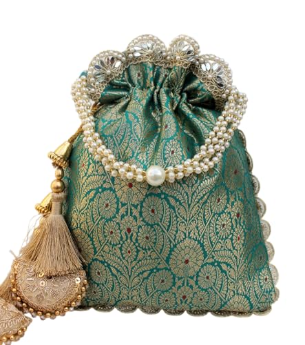 Image of MILAN'S CREATION Pure Banarasi Potli Silk Brocade Bag Purse Drawstring Women's handbag with Pearl Handle & Tassel Weddings