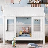 Hausbett Spielbett 90x200, Vielseitiges Kiefernrahmen Kinderbett Spielbett für Jungen & Mädchen - Kinder Bett mit Rausfallschutz und Lattenrost