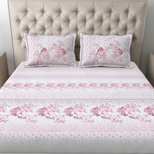 Image of Mafatlal 186 TC Spring Glory Cotton Bedsheet King Size | 108 x 108 Inches | Breathable Summer Sheets for Sleeping Comfort | Pure Cotton Bedding with 2 Pillow Covers | Cherry Pink