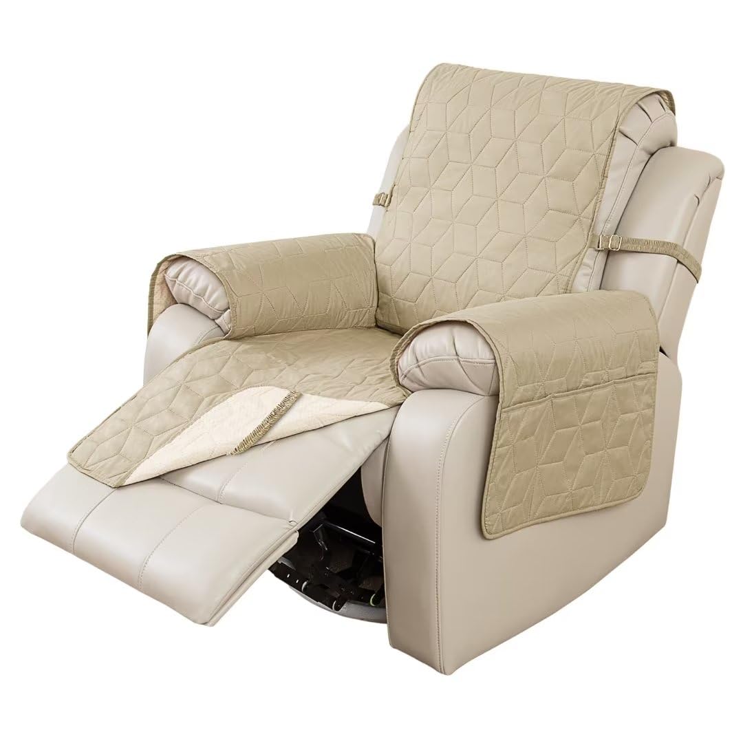 Victree Non-Slip Recliner Cover for Recliner Chair - 100% Waterproof Recliner Sofa Slipcover Couch Cover Furniture Protector with Pocket and Elastic Straps for Pets Kids Dog Cat, 23"/Small, Beige
