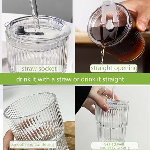Image of Glass Mug with Bamboo Lid and Straw, 510ml, for Cold Drinks, Smoothies, Coffee(Pack of 1) (Ribbed Glass Mug)