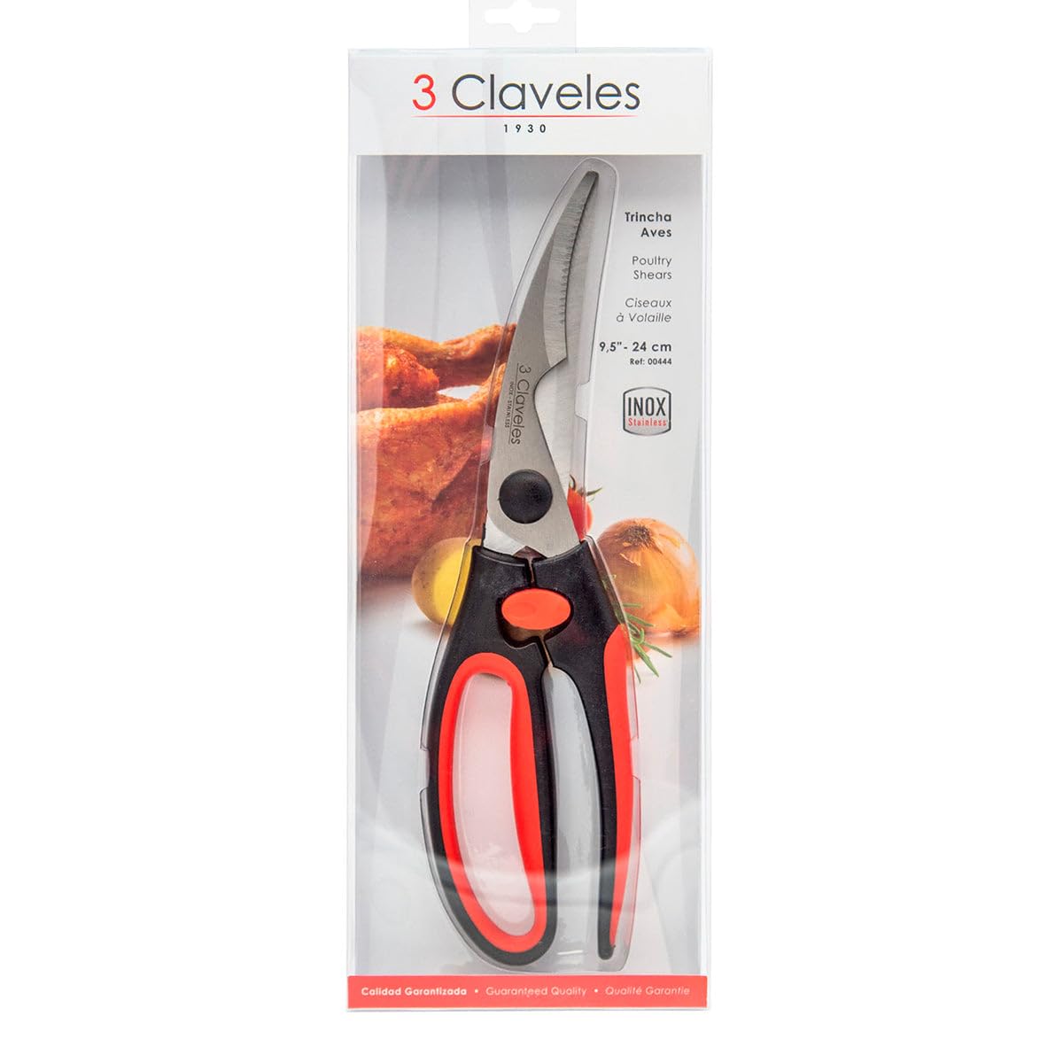 3 Claveles - Tijeras trincha aves 24 cm acero inoxidable, tijera profesional para cortar aves, 9,5" dedal rojo y negro