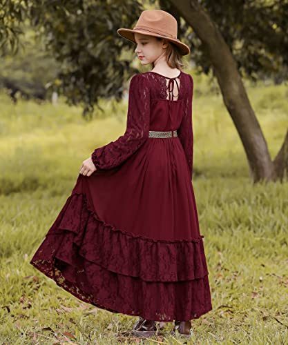 Girls Lace Dress Boho Girls Dress,Girls Party Dress Long Sleeve,Floral Girls Long Dress,Girls' Special Occasion Dresses A-Red #TOP6