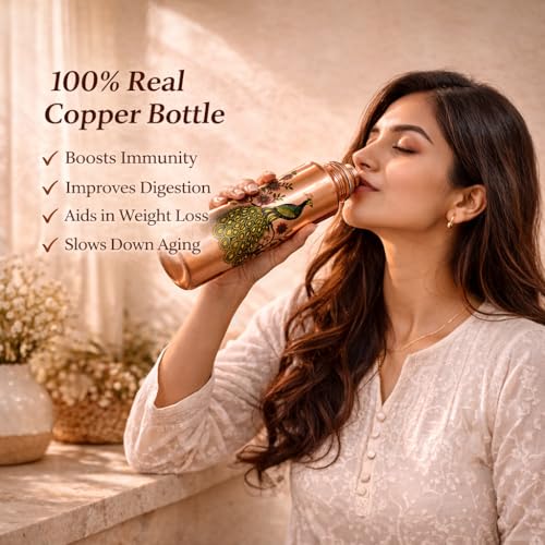 Image of JAIPUR ACE Pure Copper Water Bottle with Glass Set Peacock Design | 100% Copper Drinking Bottle Set I Ayurvedic Health Benefits Leak Proof Premium Designer Bottle Set for Home Office (Royal Peacock)