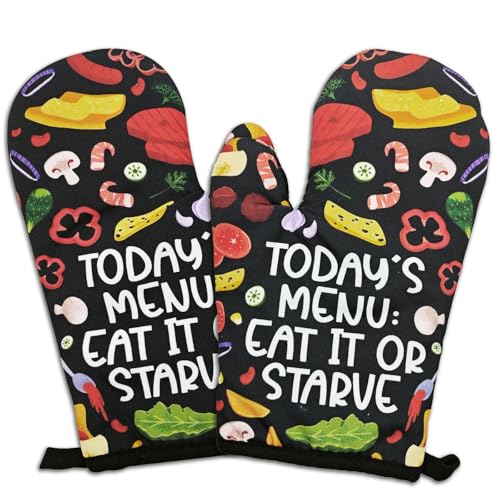 GOSJINNK 2 Pcs Funny BBQ Oven Mitts Gifts - Today's Menu Eat It or Starve - Heat Resistant Oven Mitts with Silicone Non-Slip Texture, Hanging Loop - Humor Birthday Gifts for Men, Dad, Husband, Chef