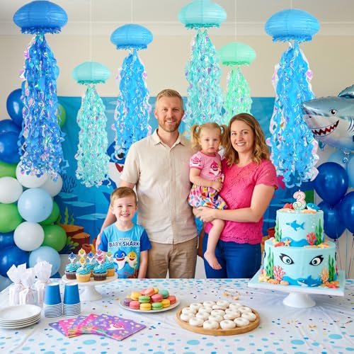 Image of 8 Pack Jellyfish Paper Lanterns, Blue Teal Mermaid Under the Sea Decor Kit | Ruffled edges and iridescent streamers for hanging jellyfish decorations birthday under sea baby shower ocean decor