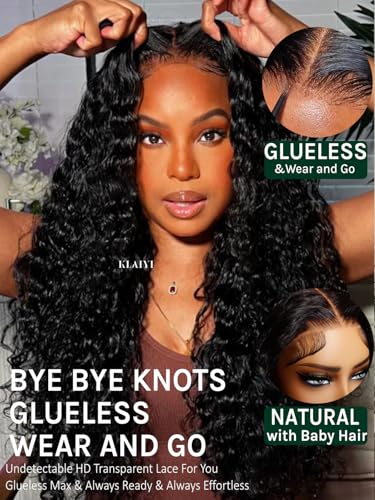 Image of KLAIYI Bye Bye Slip Water Wave 7X5 Precut Lace Front Human Hair Wig Drawstring Glueless 3S Ready to Wear and Go Wig with Baby Hair Pre Plucked Bleached Bye Bye Knots Curly Wig 180%Density Full 28Inch