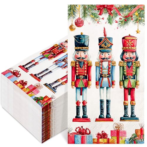 Whaline 100Pcs Christmas Guest Napkins Watercolor Nutcracker Pine Branch Disposable Napkin Dinner Paper Napkins for Xmas Winter Holiday Party Tableware Supplies