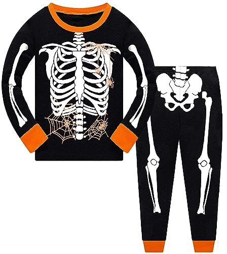 EULLA Skeleton Pyjamas for Kids Glow-in-the-Dark Cotton Sleepwear Toddler Clothes Halloween Ghost Pajamas Size 6-7 Years